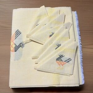 Vtg Folk Art Rooster/ Gallo Hand Loomed Guatemala Tablecloth & Napkin Set 8